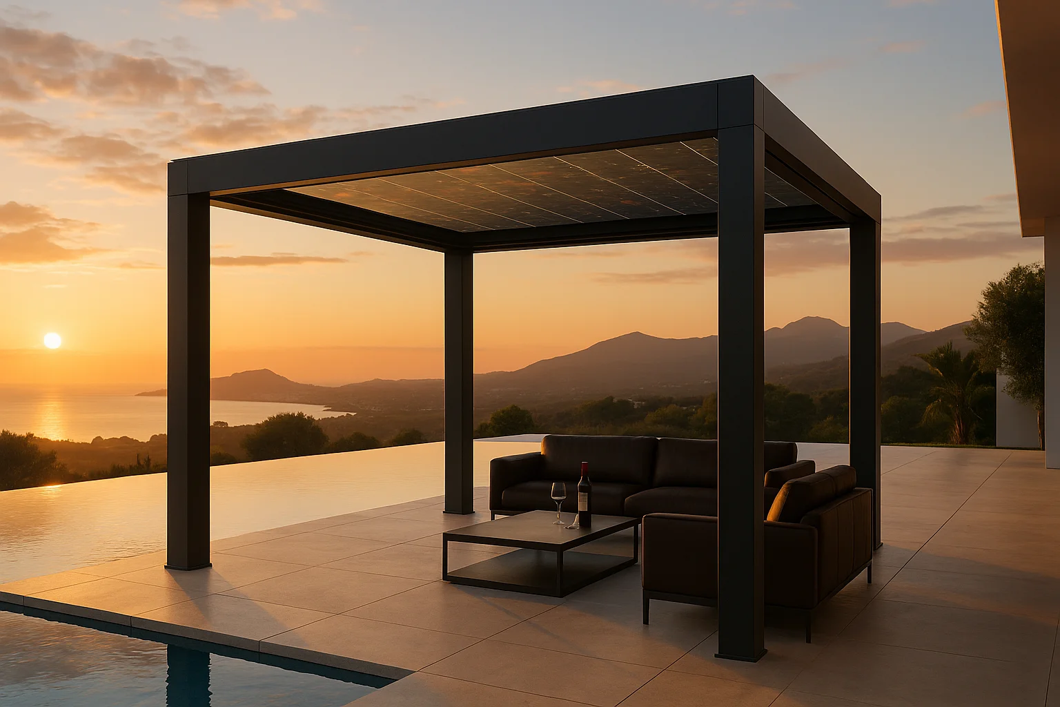 Pérgola fotovoltaica full-black en vivienda